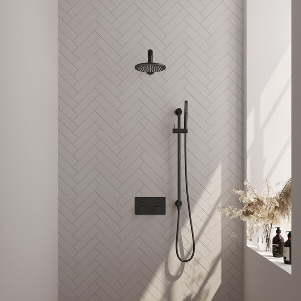 Brauer Brauer Black Carving Regendoucheset: Thermostatische Inbouwkraan met Drukknoppen, Rechte Wandarm, Douchekop 20cm, Glijstang met Wateruitlaat, Staafhanddouche & Doucheslang - Set 61 - Geribbeld Draaiknoppen - Mat Zwart