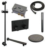 Brauer Brauer Black Carving Regendoucheset: Thermostatische Inbouwkraan met Drukknoppen, Rechte Wandarm, Douchekop 20cm, Glijstang met Wateruitlaat, Staafhanddouche & Doucheslang - Set 61 - Geribbeld Draaiknoppen - Mat Zwart