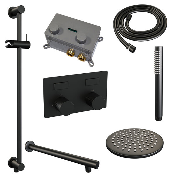 Brauer Brauer Black Carving Regendoucheset: Thermostatische Inbouwkraan met Drukknoppen, Rechte Wandarm, Douchekop 20cm, Glijstang met Wateruitlaat, Staafhanddouche & Doucheslang - Set 61 - Geribbeld Draaiknoppen - Mat Zwart