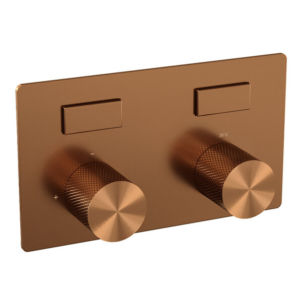 Brauer Brauer Copper Carving Regendoucheset: Thermostatische Inbouwkraan met Drukknoppen, Plafondarm, Douchekop Ø30cm, Wandhouder met Wateruitlaat, Staafhanddouche & Doucheslang - Set 54 - Geribbeld Draaiknoppen - PVD - Geborsteld Koper