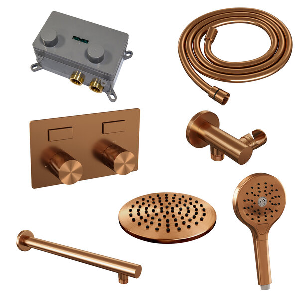 Brauer Brauer Copper Carving Regendoucheset: Thermostatische Inbouwkraan met Drukknoppen, Rechte Wandarm, Douchekop 20cm, Wandhouder met Wateruitlaat, 3-Standen Handdouche & Doucheslang - Set 55 - Geribbeld Draaiknoppen - PVD - Geborsteld Koper