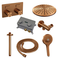 Brauer Brauer Copper Carving Regendoucheset: Thermostatische Inbouwkraan met Drukknoppen, Plafondarm, Douchekop 30cm, Wandhouder met Wateruitlaat, 3-Standen Handdouche & Doucheslang - Set 60 - Geribbeld Draaiknoppen - PVD - Geborsteld Koper