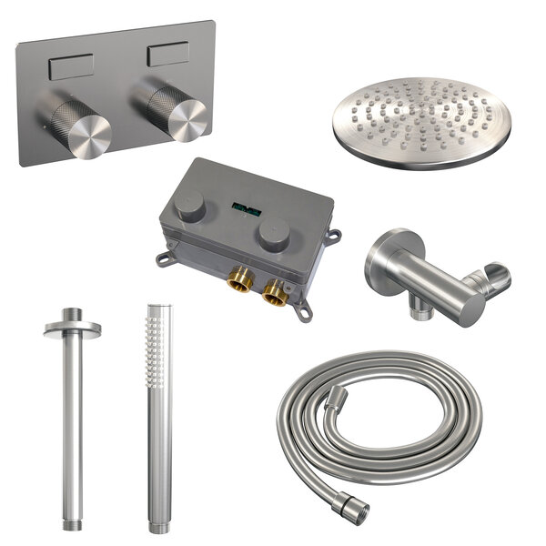 Brauer Brauer Brushed Carving Regendoucheset: Thermostatische Inbouwkraan met Drukknoppen, Plafondarm, Douchekop 20cm, Wandhouder met Wateruitlaat, Staafhanddouche & Doucheslang - Set 53 - Geribbeld Draaiknoppen - PVD - Geborsteld RVS