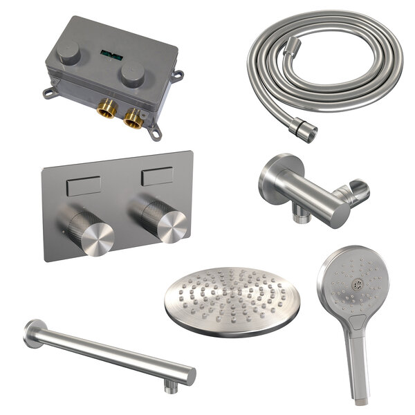 Brauer Brauer Brushed Carving Regendoucheset: Thermostatische Inbouwkraan met Drukknoppen, Rechte Wandarm, Douchekop 20cm, Wandhouder met Wateruitlaat, 3-Standen Handdouche & Doucheslang - Set 55 - Geribbeld Draaiknoppen - PVD - Geborsteld RVS
