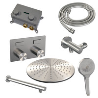 Brauer Brauer Brushed Carving Regendoucheset: Thermostatische Inbouwkraan met Drukknoppen, Rechte Wandarm, Douchekop 30cm, Wandhouder met Wateruitlaat, 3-Standen Handdouche & Doucheslang - Set 56 - Geribbeld Draaiknoppen - PVD - Geborsteld RVS