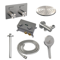 Brauer Brauer Brushed Carving Regendoucheset: Thermostatische Inbouwkraan met Drukknoppen, Plafondarm, Douchekop 20cm, Wandhouder met Wateruitlaat, 3-Standen Handdouche & Doucheslang - Set 59 - Geribbeld Draaiknoppen - PVD - Geborsteld RVS