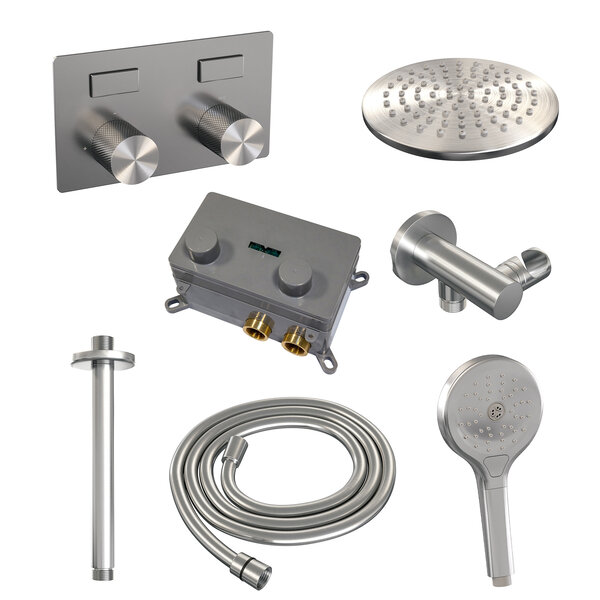 Brauer Brauer Brushed Carving Regendoucheset: Thermostatische Inbouwkraan met Drukknoppen, Plafondarm, Douchekop 20cm, Wandhouder met Wateruitlaat, 3-Standen Handdouche & Doucheslang - Set 59 - Geribbeld Draaiknoppen - PVD - Geborsteld RVS