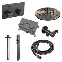 Brauer Brauer Gunmetal Carving Regendoucheset: Thermostatische Inbouwkraan met Drukknoppen, Plafondarm, Douchekop 30cm, Wandhouder met Wateruitlaat, Staafhanddouche & Doucheslang - Set 54 - Geribbeld Draaiknoppen - PVD - Geborsteld Gunmetal