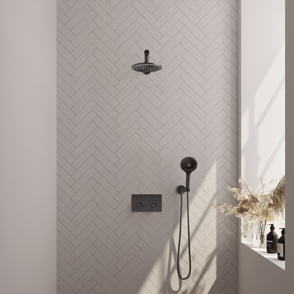 Brauer Brauer Gunmetal Carving Regendoucheset: Thermostatische Inbouwkraan met Drukknoppen, Rechte Wandarm, Douchekop 20cm, Wandhouder met Wateruitlaat, 3-Standen Handdouche & Doucheslang - Set 55 - Geribbeld Draaiknoppen - PVD - Geborsteld Gunmetal