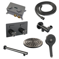 Brauer Brauer Gunmetal Carving Regendoucheset: Thermostatische Inbouwkraan met Drukknoppen, Rechte Wandarm, Douchekop 20cm, Wandhouder met Wateruitlaat, 3-Standen Handdouche & Doucheslang - Set 55 - Geribbeld Draaiknoppen - PVD - Geborsteld Gunmetal