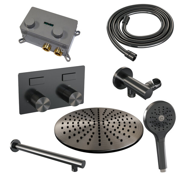 Brauer Brauer Gunmetal Carving Regendoucheset: Thermostatische Inbouwkraan met Drukknoppen, Rechte Wandarm, Douchekop Ø30cm, Wandhouder met Wateruitlaat, 3-Standen Handdouche & Doucheslang - Set 56 - Geribbeld Draaiknoppen - PVD - Geborsteld Gunmetal