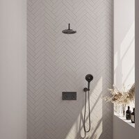 Brauer Brauer Gunmetal Carving Regendoucheset: Thermostatische Inbouwkraan met Drukknoppen, Gebogen Wandarm, Douchekop 20cm, Wandhouder met Wateruitlaat, 3-Standen Handdouche & Doucheslang - Set 57 - Geribbeld Draaiknoppen - PVD - Geborsteld Gunmetal