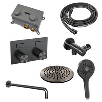 Brauer Brauer Gunmetal Carving Regendoucheset: Thermostatische Inbouwkraan met Drukknoppen, Gebogen Wandarm, Douchekop 20cm, Wandhouder met Wateruitlaat, 3-Standen Handdouche & Doucheslang - Set 57 - Geribbeld Draaiknoppen - PVD - Geborsteld Gunmetal