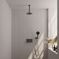Brauer Brauer Gunmetal Carving Regendoucheset: Thermostatische Inbouwkraan met Drukknoppen, Plafondarm, Douchekop 20cm, Wandhouder met Wateruitlaat, 3-Standen Handdouche & Doucheslang - Set 59 - Geribbeld Draaiknoppen - PVD - Geborsteld Gunmetal