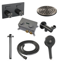 Brauer Brauer Gunmetal Carving Regendoucheset: Thermostatische Inbouwkraan met Drukknoppen, Plafondarm, Douchekop 20cm, Wandhouder met Wateruitlaat, 3-Standen Handdouche & Doucheslang - Set 59 - Geribbeld Draaiknoppen - PVD - Geborsteld Gunmetal