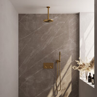Brauer Brauer Gold Carving Regendoucheset: Thermostatische Inbouwkraan met Drukknoppen, Plafondarm, Douchekop 20cm, Wandhouder met Wateruitlaat, Staafhanddouche & Doucheslang - Set 53 - Geribbeld Draaiknoppen - PVD - Geborsteld Goud