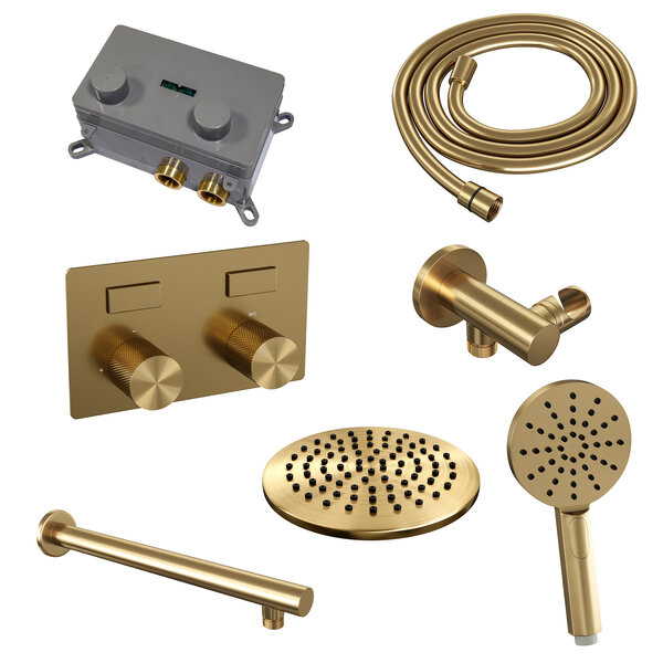 Brauer Brauer Gold Carving Regendoucheset: Thermostatische Inbouwkraan met Drukknoppen, Rechte Wandarm, Douchekop 20cm, Wandhouder met Wateruitlaat, 3-Standen Handdouche & Doucheslang - Set 55 - Geribbeld Draaiknoppen - PVD - Geborsteld Goud