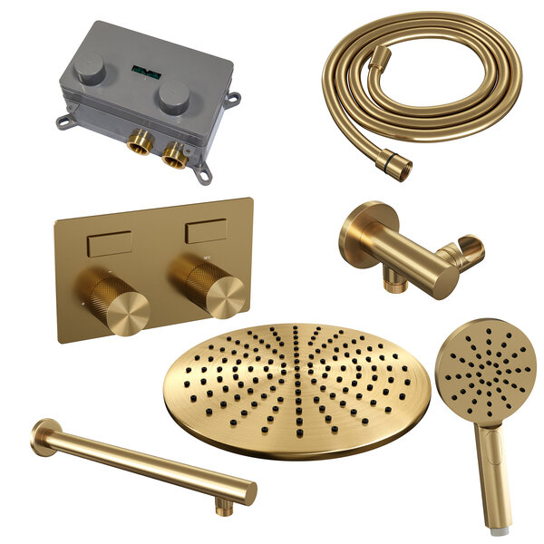 Brauer Brauer Gold Carving Regendoucheset: Thermostatische Inbouwkraan met Drukknoppen, Rechte Wandarm, Douchekop 30cm, Wandhouder met Wateruitlaat, 3-Standen Handdouche & Doucheslang - Set 56 - Geribbeld Draaiknoppen - PVD - Geborsteld Goud