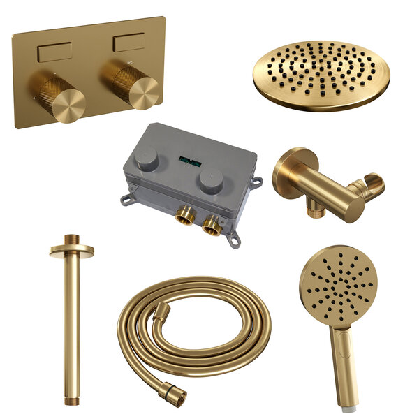 Brauer Brauer Gold Carving Regendoucheset: Thermostatische Inbouwkraan met Drukknoppen, Plafondarm, Douchekop Ø20cm, Wandhouder met Wateruitlaat, 3-Standen Handdouche & Doucheslang - Set 59 - Geribbeld Draaiknoppen - PVD - Geborsteld Goud