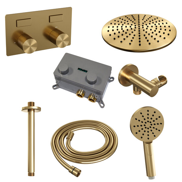 Brauer Brauer Gold Carving Regendoucheset: Thermostatische Inbouwkraan met Drukknoppen, Plafondarm, Douchekop Ø30cm, Wandhouder met Wateruitlaat, 3-Standen Handdouche & Doucheslang - Set 60 - Geribbeld Draaiknoppen - PVD - Geborsteld Goud