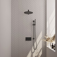 Brauer Brauer Black Carving Regendoucheset: Thermostatische Inbouwkraan met Drukknoppen, Rechte Wandarm, Douchekop 30cm, Glijstang met Wateruitlaat, Staafhanddouche & Doucheslang - Set 62 - Geribbeld Draaiknoppen - Mat Zwart
