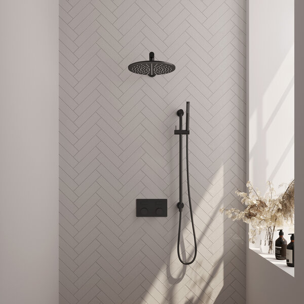 Brauer Brauer Black Carving Regendoucheset: Thermostatische Inbouwkraan met Drukknoppen, Rechte Wandarm, Douchekop 30cm, Glijstang met Wateruitlaat, Staafhanddouche & Doucheslang - Set 62 - Geribbeld Draaiknoppen - Mat Zwart