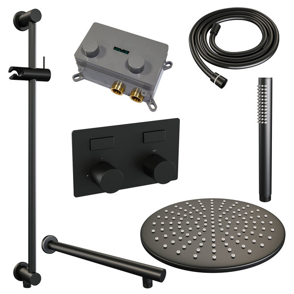 Brauer Brauer Black Carving Regendoucheset: Thermostatische Inbouwkraan met Drukknoppen, Rechte Wandarm, Douchekop 30cm, Glijstang met Wateruitlaat, Staafhanddouche & Doucheslang - Set 62 - Geribbeld Draaiknoppen - Mat Zwart