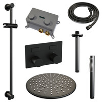 Brauer Brauer Black Carving Regendoucheset: Thermostatische Inbouwkraan met Drukknoppen, Plafondarm, Douchekop 30cm, Glijstang met Wateruitlaat, Staafhanddouche & Doucheslang - Set 66 - Geribbeld Draaiknoppen - Mat Zwart