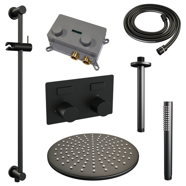Brauer Brauer Black Carving Regendoucheset: Thermostatische Inbouwkraan met Drukknoppen, Plafondarm, Douchekop 30cm, Glijstang met Wateruitlaat, Staafhanddouche & Doucheslang - Set 66 - Geribbeld Draaiknoppen - Mat Zwart