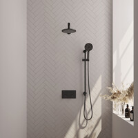 Brauer Brauer Black Carving Regendoucheset: Thermostatische Inbouwkraan met Drukknoppen, Rechte Wandarm, Douchekop 20cm, Glijstang met Wateruitlaat, 3-Standen Handdouche & Doucheslang - Set 67 - Geribbeld Draaiknoppen - Mat Zwart