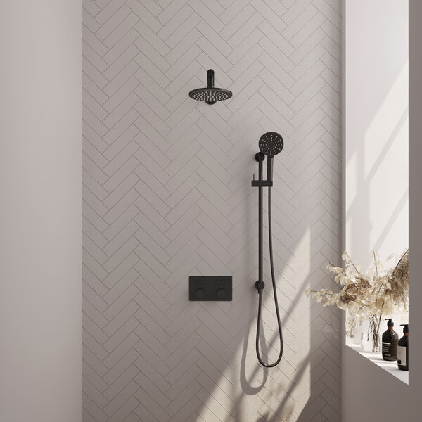 Brauer Brauer Black Carving Regendoucheset: Thermostatische Inbouwkraan met Drukknoppen, Rechte Wandarm, Douchekop 20cm, Glijstang met Wateruitlaat, 3-Standen Handdouche & Doucheslang - Set 67 - Geribbeld Draaiknoppen - Mat Zwart