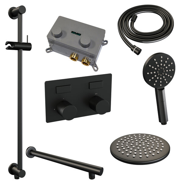 Brauer Brauer Black Carving Regendoucheset: Thermostatische Inbouwkraan met Drukknoppen, Rechte Wandarm, Douchekop Ø20cm, Glijstang met Wateruitlaat, 3-Standen Handdouche & Doucheslang - Set 67 - Geribbeld Draaiknoppen - Mat Zwart