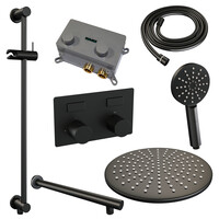 Brauer Brauer Black Carving Regendoucheset: Thermostatische Inbouwkraan met Drukknoppen, Rechte Wandarm, Douchekop 30cm, Glijstang met Wateruitlaat, 3-Standen Handdouche & Doucheslang - Set 68 - Geribbeld Draaiknoppen - Mat Zwart