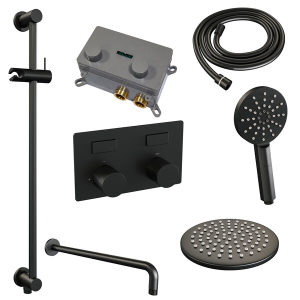 Brauer Brauer Black Carving Regendoucheset: Thermostatische Inbouwkraan met Drukknoppen, Gebogen Wandarm, Douchekop 20cm, Glijstang met Wateruitlaat, 3-Standen Handdouche & Doucheslang - Set 69 - Geribbeld Draaiknoppen - Mat Zwart