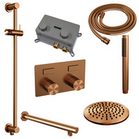 Brauer Brauer Copper Carving Regendoucheset: Thermostatische Inbouwkraan met Drukknoppen, Rechte Wandarm, Douchekop 20cm, Glijstang met Wateruitlaat, Staafhanddouche & Doucheslang - Set 61 - Geribbeld Draaiknoppen - PVD - Geborsteld Koper
