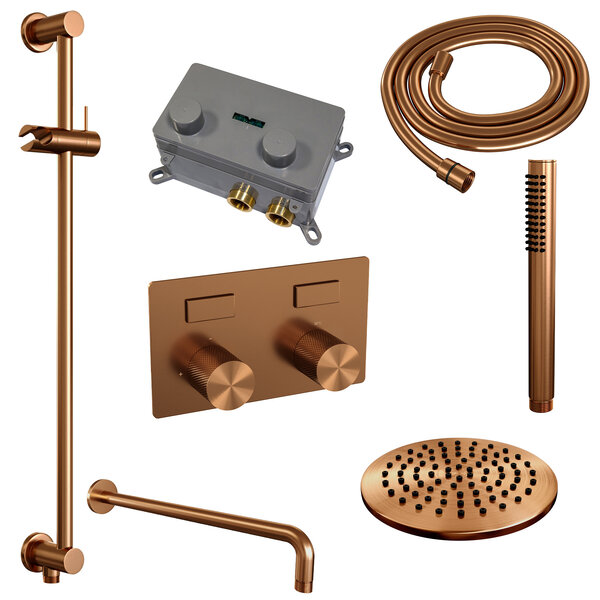 Brauer Brauer Copper Carving Regendoucheset: Thermostatische Inbouwkraan met Drukknoppen, Gebogen Wandarm, Douchekop 20cm, Glijstang met Wateruitlaat, Staafhanddouche & Doucheslang - Set 63 - Geribbeld Draaiknoppen - PVD - Geborsteld Koper