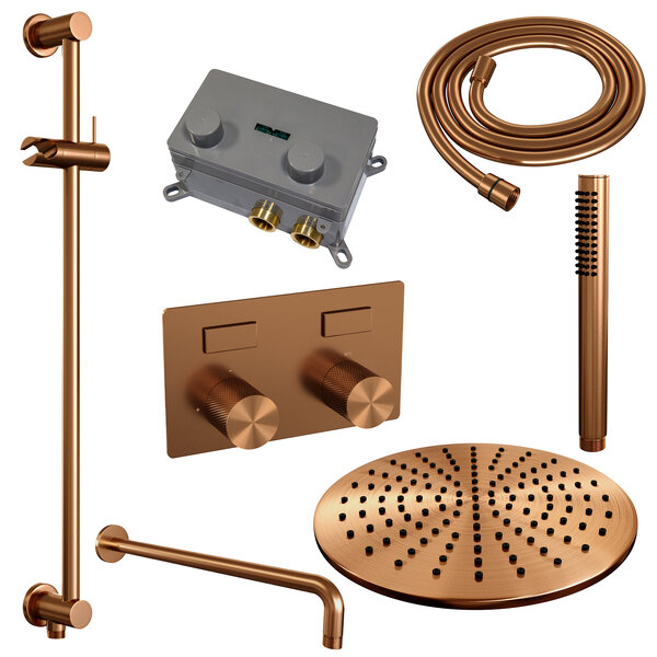Brauer Brauer Copper Carving Regendoucheset: Thermostatische Inbouwkraan met Drukknoppen, Gebogen Wandarm, Douchekop 30cm, Glijstang met Wateruitlaat, Staafhanddouche & Doucheslang - Set 64 - Geribbeld Draaiknoppen - PVD - Geborsteld Koper