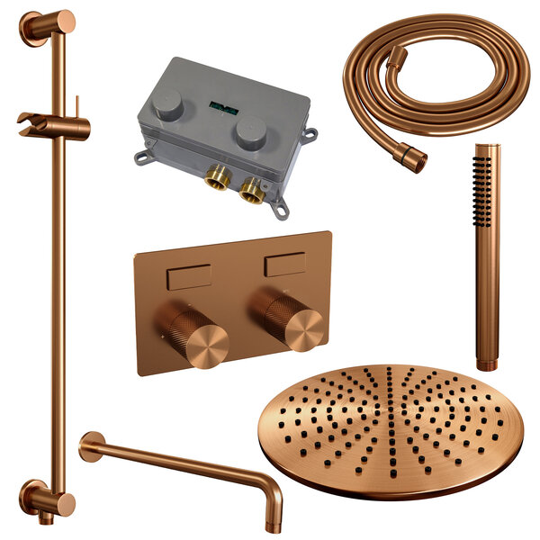 Brauer Brauer Copper Carving Regendoucheset: Thermostatische Inbouwkraan met Drukknoppen, Gebogen Wandarm, Douchekop Ø30cm, Glijstang met Wateruitlaat, Staafhanddouche & Doucheslang - Set 64 - Geribbeld Draaiknoppen - PVD - Geborsteld Koper