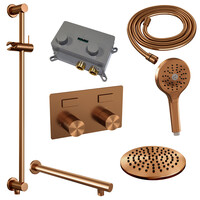 Brauer Brauer Copper Carving Regendoucheset: Thermostatische Inbouwkraan met Drukknoppen, Rechte Wandarm, Douchekop 20cm, Glijstang met Wateruitlaat, 3-Standen Handdouche & Doucheslang - Set 67 - Geribbeld Draaiknoppen - PVD - Geborsteld Koper