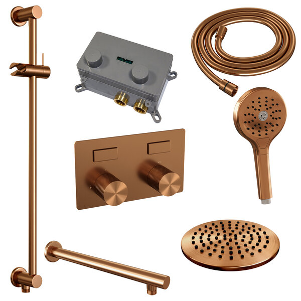 Brauer Brauer Copper Carving Regendoucheset: Thermostatische Inbouwkraan met Drukknoppen, Rechte Wandarm, Douchekop 20cm, Glijstang met Wateruitlaat, 3-Standen Handdouche & Doucheslang - Set 67 - Geribbeld Draaiknoppen - PVD - Geborsteld Koper