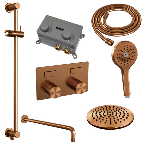Brauer Brauer Copper Carving Regendoucheset: Thermostatische Inbouwkraan met Drukknoppen, Gebogen Wandarm, Douchekop 20cm, Glijstang met Wateruitlaat, 3-Standen Handdouche & Doucheslang - Set 69 - Geribbeld Draaiknoppen - PVD - Geborsteld Koper