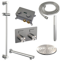 Brauer Brauer Brushed Carving Regendoucheset: Thermostatische Inbouwkraan met Drukknoppen, Rechte Wandarm, Douchekop 20cm, Glijstang met Wateruitlaat, Staafhanddouche & Doucheslang - Set 61 - Geribbeld Draaiknoppen - PVD - Geborsteld RVS