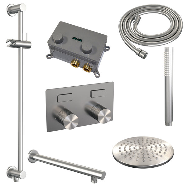 Brauer Brauer Brushed Carving Regendoucheset: Thermostatische Inbouwkraan met Drukknoppen, Rechte Wandarm, Douchekop 20cm, Glijstang met Wateruitlaat, Staafhanddouche & Doucheslang - Set 61 - Geribbeld Draaiknoppen - PVD - Geborsteld RVS