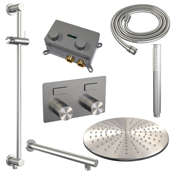 Brauer Brauer Brushed Carving Regendoucheset: Thermostatische Inbouwkraan met Drukknoppen, Rechte Wandarm, Douchekop 30cm, Glijstang met Wateruitlaat, Staafhanddouche & Doucheslang - Set 62 - Geribbeld Draaiknoppen - PVD - Geborsteld RVS