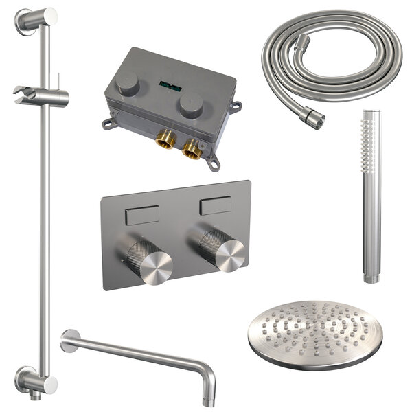 Brauer Brauer Brushed Carving Regendoucheset: Thermostatische Inbouwkraan met Drukknoppen, Gebogen Wandarm, Douchekop 20cm, Glijstang met Wateruitlaat, Staafhanddouche & Doucheslang - Set 63 - Geribbeld Draaiknoppen - PVD - Geborsteld RVS