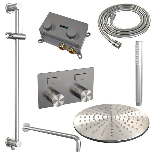 Brauer Brauer Brushed Carving Regendoucheset: Thermostatische Inbouwkraan met Drukknoppen, Gebogen Wandarm, Douchekop 30cm, Glijstang met Wateruitlaat, Staafhanddouche & Doucheslang - Set 64 - Geribbeld Draaiknoppen - PVD - Geborsteld RVS