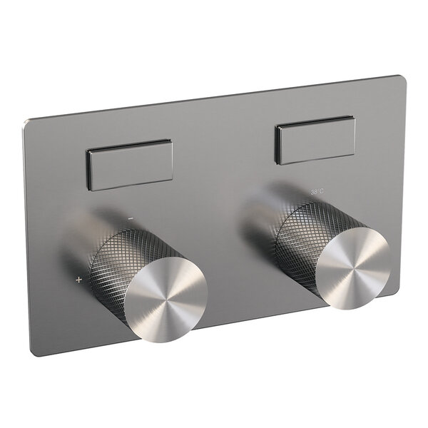 Brauer Brauer Brushed Carving Regendoucheset: Thermostatische Inbouwkraan met Drukknoppen, Gebogen Wandarm, Douchekop 30cm, Glijstang met Wateruitlaat, Staafhanddouche & Doucheslang - Set 64 - Geribbeld Draaiknoppen - PVD - Geborsteld RVS