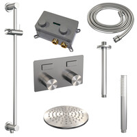 Brauer Brauer Brushed Carving Regendoucheset: Thermostatische Inbouwkraan met Drukknoppen, Plafondarm, Douchekop 20cm, Glijstang met Wateruitlaat, Staafhanddouche & Doucheslang - Set 65 - Geribbeld Draaiknoppen - PVD - Geborsteld RVS