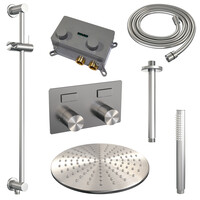 Brauer Brauer Brushed Carving Regendoucheset: Thermostatische Inbouwkraan met Drukknoppen, Plafondarm, Douchekop 30cm, Glijstang met Wateruitlaat, Staafhanddouche & Doucheslang - Set 66 - Geribbeld Draaiknoppen - PVD - Geborsteld RVS