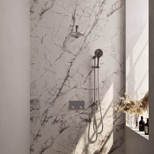 Brauer Brauer Brushed Carving Regendoucheset: Thermostatische Inbouwkraan met Drukknoppen, Rechte Wandarm, Douchekop 20cm, Glijstang met Wateruitlaat, 3-Standen Handdouche & Doucheslang - Set 67 - Geribbeld Draaiknoppen - PVD - Geborsteld RVS